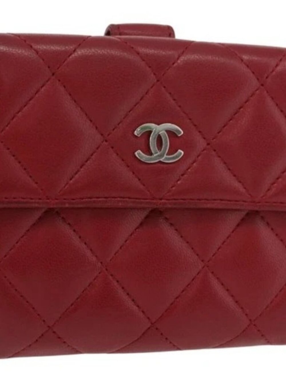CHANEL Matelasse Compact Wallet Lamb Skin Red Silver CC Auth 179886A